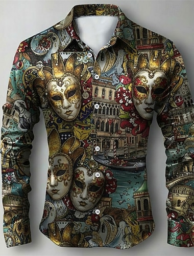  Venezianisches Karnevalshemd für Herren – Button-Up-Hemd mit Grafikprint für Maskenbälle und Festivals