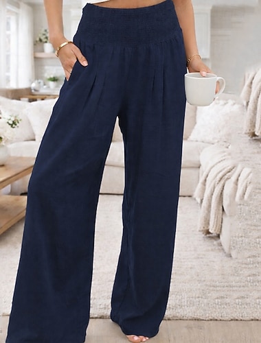  Damen Hose aus Baumwollleinen Weites Bein Chinos Sommerhose Streetwear Lässig Volle Länge Mittlere Taillenlinie Einfach Tasche Elastischer Bund Bequem Mikroelastisch Täglich Outdoor Straße Asche