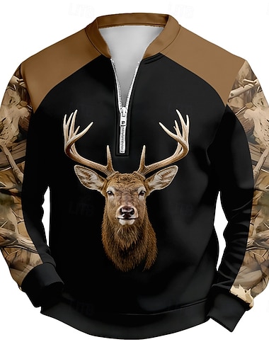  Herren Hirsch Pullover Tropisch 3D Jagd Hoher Ausschnitt Outdoor Streetwear Schwarz 1 Reißverschluss Herbst Winter Designer S M L XL XXL 3XL