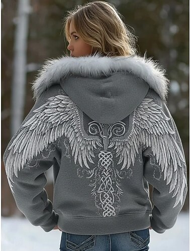  Damen Hoodies mit Reißverschluss Grafik Tiermotiv Western Ethnisch Lässig Langarm Mit Kapuze Normale Oberteile Lässig Straße Marineblau Schwarz Grau Herbst Winter