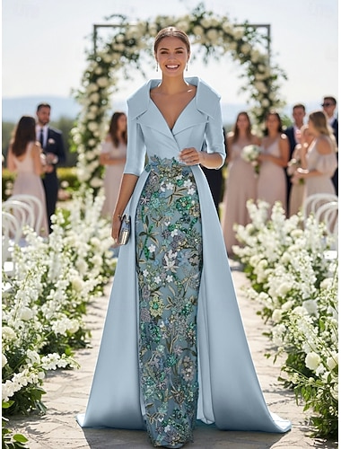  Ligne A Fourreau Colonne Longueur au sol Broderie perlée Robe d'invité de mariage Robe de Cérémonie Robe de Mère de Mariée  Manche 3/4 Col en V Col de chemise Élégant ancien Luxueux Formel Satin avec