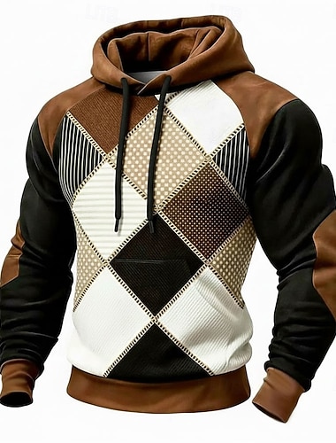  Per uomo Geometrico Plaid Felpa con Cappuccio Felpa Moda Quotidiano Manica Lunga Girocollo Casa Abbigliamento casual alla moda Feste Blu Marrone Verde Grigio Coulisse Autunno Inverno progettista S M