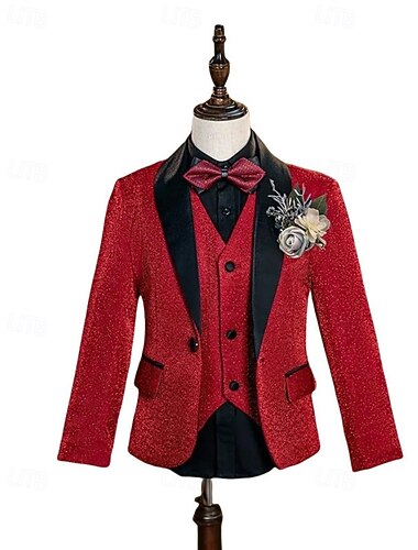  Oblek pro mládence Chlapecké Děti Oblek Blazer & Vesta & Kalhoty & Košile & Kravata Ležérní Venkovní Párty Módní Chladný Základní Pevná barva Kapsy Knoflíky Rubínově červená Polyester