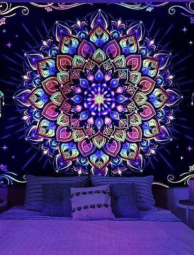  Tapisserie mandala fluorescente, tapisserie psychédélique néon réactive aux UV, tapisserie murale hippie indienne bohème, tapisserie florale esthétique, tenture murale pour chambre