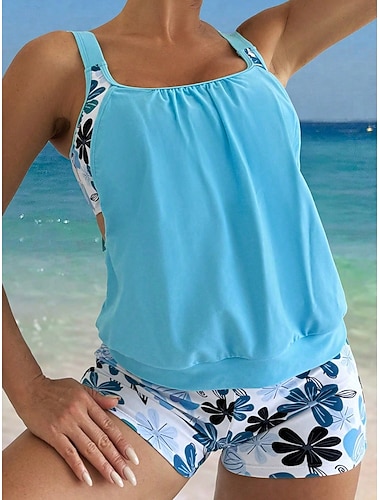  Damen Badeanzug Zweiteilig Hohe Taillenlinie Bademode Gerafft Aktiv Urlaub Blumen Grafik U-Ausschnitt Ärmellos Badeanzüge