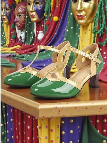 Vrouwen Mardi Gras Rode en Gouden T-Strap Hakken met Metalen Accenten Mary Jane– Perfect voor Carnaval Festivals en Leuke Vieringen