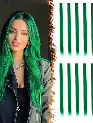  Perucas Verdes Extensões de Cabelo Verde Clip em - Extensões de Cabelo Colorido Verde para Mulheres - 22 Polegadas 12 PCS Destaques Coloridos Perucas Sintéticas de Cabelo Liso