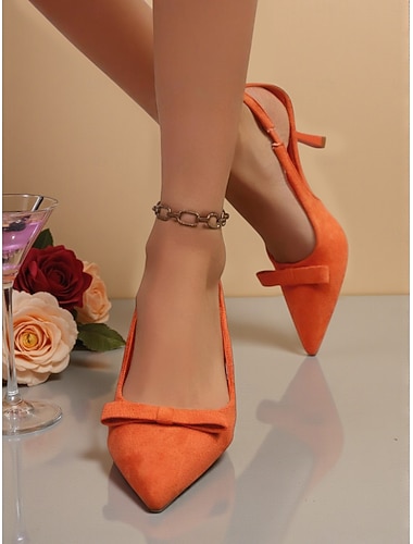  Oranje suède slingbackhakken met strik voor dames - elegante schoenen met puntige neus voor het nachtleven, voor nieuwjaarsfeesten en clubs &feestelijke vieringen