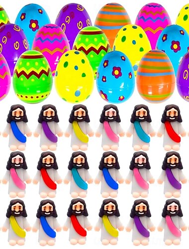  Conjunto de 24 ovos de Páscoa pré-recheados com miniaturas de Jesus em resina, ótimos para crianças, meninas, meninos e bebês, para caça aos ovos de Páscoa, para colocar dentro da cesta de Páscoa,