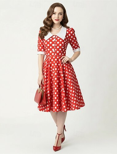  Rockabilly Middag En linje kjole Korte ermer Polkadotter Trang og vid passform Kostyme Dame Karneval Valentinsdag Avslappet Ball Retro-temafest Voksne Kjole Vår