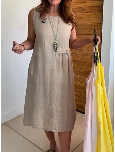  Per donna Abito Midi Vestito Estivo Vacanza Casual Boho Ferie Abito Estivo Abito Primaverile Vestibilità comoda Semplice Senza Maniche Girocollo Blu Giallo Rosso Marrone chiaro Estate Primavera
