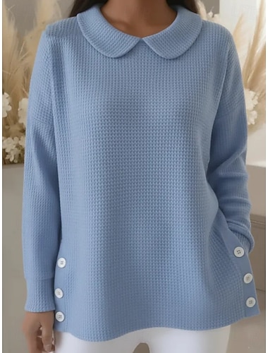  Damen Pullover Sweater Einheitliche Farbe Vintage Stilvoll Langarm Peter Pan Kragen Regelmäßige Tops Alltag Arbeit Urlaub Blau Schwarz Rot Marineblau Frühling Herbst