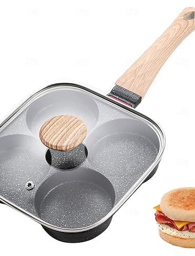  4-hulroms stekepanne med slippbelegg, hard anodisert aluminiumspanne med håndtak i rustfritt stål, kompatibel med induksjon og gasskomfyr, multifunksjonell flatbunnet panne til frokost, burgere, egg,