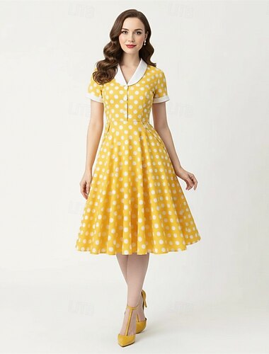  Rockabilly Middag En linje kjole Korte ermer Polkadotter Trang og vid passform Kostyme Dame Karneval Valentinsdag Avslappet Ball Retro-temafest Voksne Kjole Vår