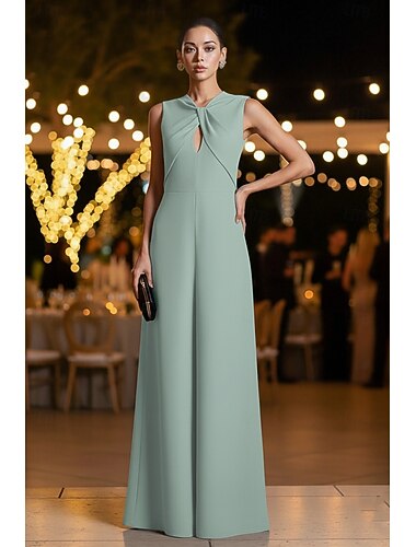  Jumpsuit / Pantsuit Linjeform Gulvlengde Kjole til brudens mor Ermeløs V-hals Elegant Enkel cocktail Formell Bryllupsgjest Sateng med Kryssdrapering Ensfarget