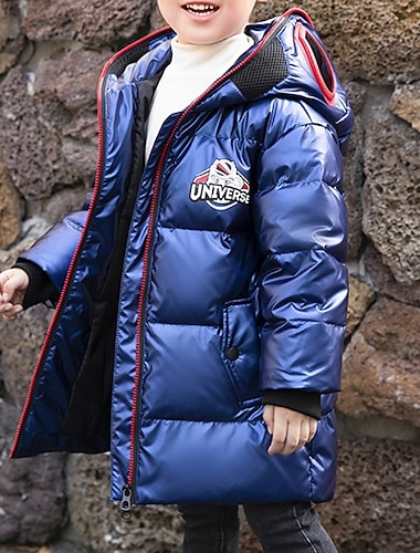  Infantil Para Meninos Jaqueta de penas Casaco com capuz Casaco puffer agasalhos Letra Manga Longa Mantenha Quente A prova de Vento Casaco Casual Diário Básico Azul Preto Vermelho Outono Inverno 4