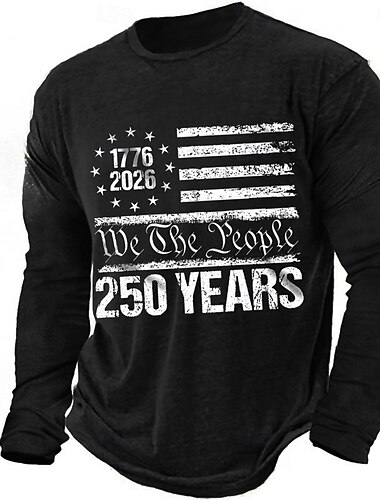  4 ביולי 2026 יום הזיכרון ה-250 טי-שירט גברים עם הדפס 3D דגל ארה"ב עם צוואר עגול שרוולים ארוכים קזואל יומיומי