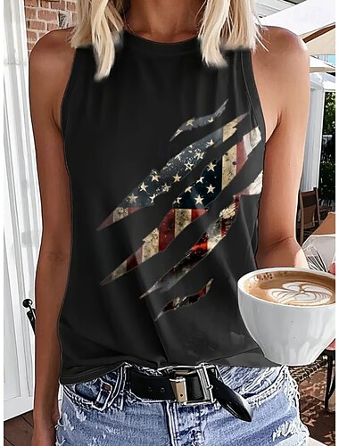  Onafhankelijkheidsdag Patriottische Dames T-shirt Grafisch Vlag Vintage Tropisch Stijlvol Mouwloos Crew Neck Reguliere Tops Dagelijks Blauw Zwart Wit Luchter Blauw Groen Zomer Lente