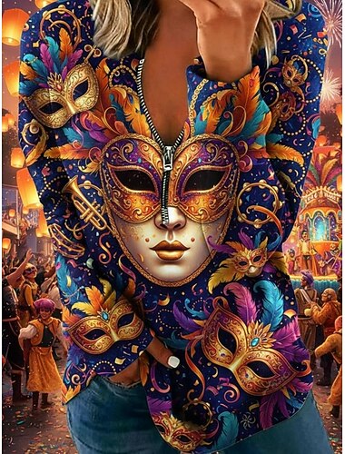  Per donna Felpa Pullover Cerniera Tasca Stampato Grafico Vintage Casual Manica Lunga Scollo a V Top Regolari Streetwear Abbigliamento Quotidiano Viola Primavera Autunno