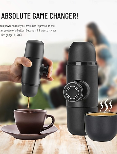  Přenosný espresso kávovar a přístroj na přípravu kávy, manuální ovládání, ruční velikost, mini cestovní kávovar, ideální pro kempování, turistiku a kancelářské použití, černý.