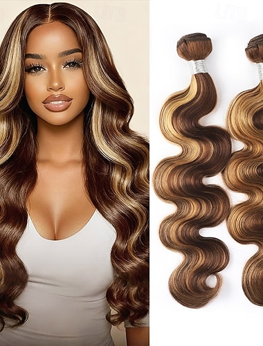  2 Bündel Haarverlängerungen, Highlights P4/27, Echthaar-Bundles mit Body Wave, 12-28 Zoll
