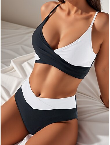  Biquíni Feminino 2 Peças Maiô Pregas Colorido Cheeky Controle de Barriga Cintura Alta Slim Costas Descobertas Férias Praia Cor Sólida Decote V Sem Mangas
