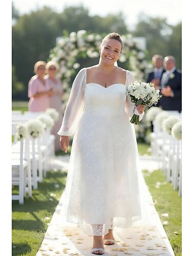  A-Linie Tee-Länge Kleines weißes Kleid Elegant Blumen Langarm Herzförmiger Ausschnitt Hochzeit Hochzeitsempfang Tüll mit Stickerei