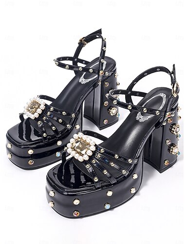  Γυναικεία σανδάλια με ψηλή πλατφόρμα και χοντρό τακούνι με στρας &Γυναικεία παπούτσια με μεταλλική αγκράφα και γκλίτερ, ιδανικά για πάρτι νυχτερινής διασκέδασης και καρναβαλικές γιορτές