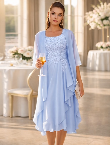  Deux Pièces Ligne A Mi-long Robe d'invité de mariage Robe de Mère de Mariée  Sans manches Col Rond Élégant robe demoiselle d honneur Fête de mariage Chiffon Dentelle Robes avec Veste avec Plis