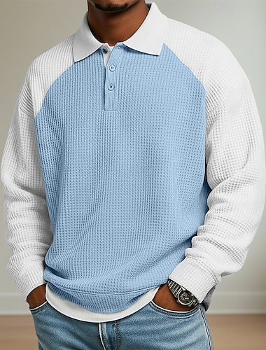  Herren Waffel-Poloshirts Outdoor Lässig Revers Langarm Mode Modern Einfarbig Gestrickt Frühling & Herbst Ganzjahres Lässiger Schnitt Schwarz Marineblau Purpur Grau Leicht Blau Waffel-Poloshirts