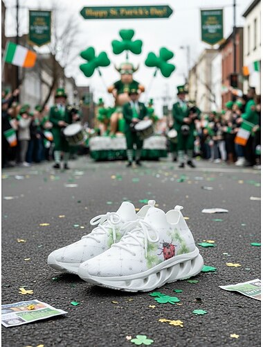  Damessneakers van flyknit met Ierse klaverprint – lichtgewicht, ademende wandelschoenen met een gedempte zool, casual sneakers voor dagelijks gebruik, parades, St. Patrick's Day, reizen en buitenactiviteiten.