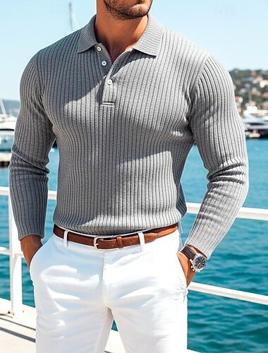  בגדי ריקוד גברים טופ סריג צלעות מרקם קזו'אל רחוב דש שרוול ארוך בסיסי מודרני אחיד כפתורים אביב סתיו כל העונות רגיל לבן כחול נייבי אפור כחול בהיר טופ סריג צלעות