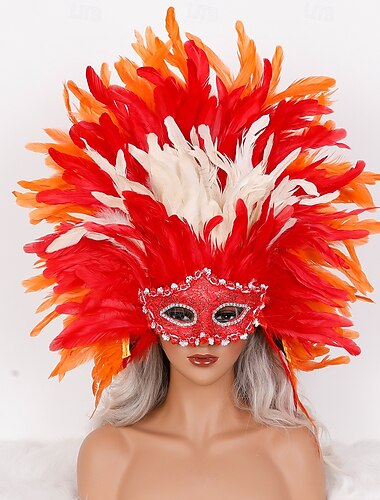  Karneval 2026 Rio Karneval Samba Tilbehør Karneval Fjærmaske Hodeplagg Rød oransje  hvit full fjær masquerade-maske Brasil Festival Prestasjonskostyme