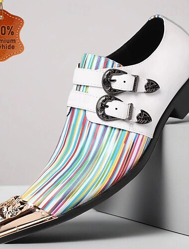  hvite skinnloafers for menn med dobbel spennedesign, fargerike stripedetaljer, trendy slip-on-sko for både forretnings- og fritidsbruk