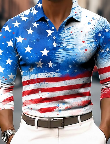  4. Juli 2026 250. Herren Amerikanische US-Flagge Polo Langarm Polo-Shirts Revers Lässig Straße Athleisure Alltagskleidung 3D-Druck Knöpfe Frühling Herbst Winter Blau Blau 1