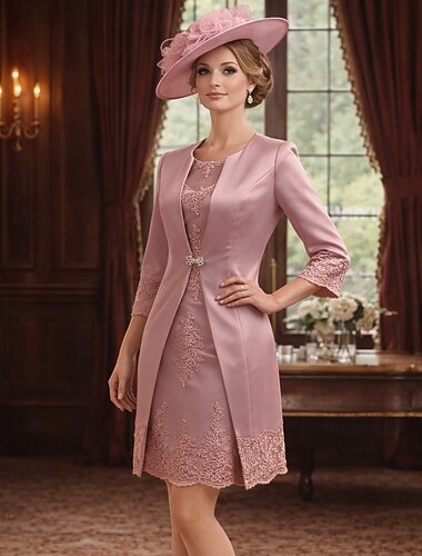  Strak kolom Tot de knie Bruiloft gast jurk Moeder van de bruid jurk 3/4 mouw Met sieraad Vintage Grote maten Bruiloft gast Satijn Kant Jas Jurken met Appliqués
