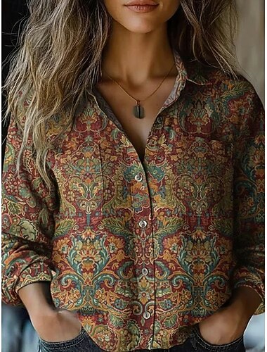  Damen Hemd Boho-Hemd Knöpfe Druck Blumen Vintage Stilvoll Ethnisch Langarm Hemdkragen Normale Oberteile Täglich Ferien Ausgehen Blau Wein Frühling Herbst