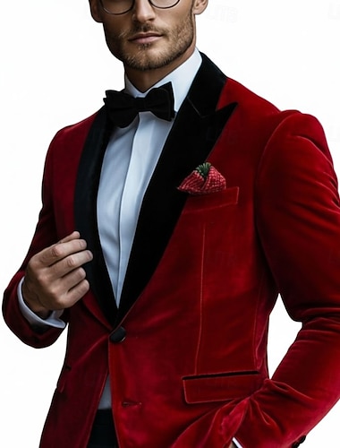  Herr Kavajjacka Stängande krage party Solid färg Sammetskavaj Gul Rubinrött Grön Skräddarsydd passform Enkelknäppt tvåknappar