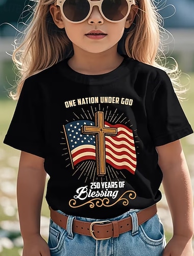  100% Baumwolle Kinder Mädchen Schwarz Grafik Kreuz 250-jähriges Jubiläum Amerikanische US-Flagge für Kinder T-Shirt Rundhalsausschnitt Kurzarm Urlaub Sport & Outdoor Alltagskleidung Aktiv Urlaub