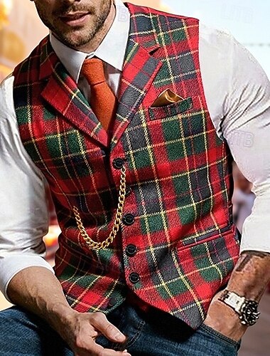  Męskie Kamizelka Urlop Karnawał Impreza Moda Codzienny Wiosna Jesień Kieszeń Guziki Poliester Wygodny Kratka Pojedynczy biust na jeden guzik Klapa Regularny Ciemnoczerwony Czerwony Kamizelka