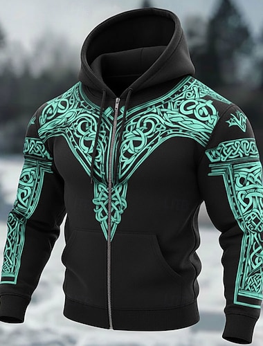  Herren Optische Täuschung Kelten Kapuzensweatshirt Jacke Pullover Vikinger 3D Fantasie Allover-Druck Langarm Reißverschluss Streetwear Urlaub Ausgehen Blau Braun Grün Grau Reißverschluss Herbst Winter