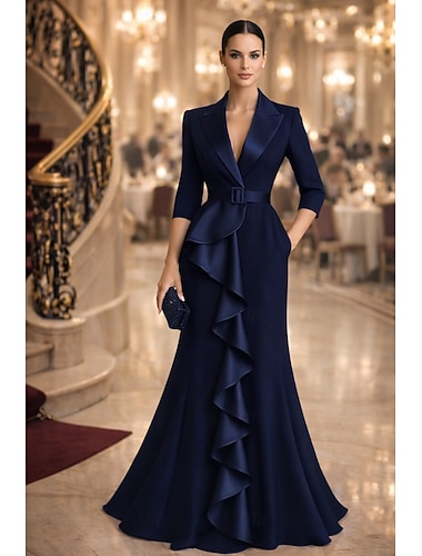  Dames Smokingjurk Trompet zeemeermin Bruiloft Formeel Bruiloft gast Satijn 4-way stretchstof Elegant Smoking Formeel Lange mouw Tot de grond Punt Dubbele rij knopen