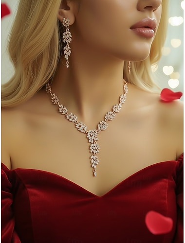  Conjunto feminino de colar e brincos em formato de folha com strass dourado - joias elegantes e brilhantes para festas e ocasiões noturnas.