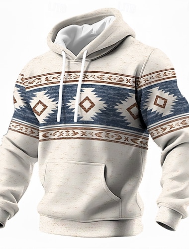  Per uomo Plaid Tribale Felpa con Cappuccio Felpa Etnico Vintage Retrò Manica Lunga Girocollo All'aperto Abbigliamento casual alla moda Blu chiaro Verde chiaro Beige Coulisse Autunno Inverno