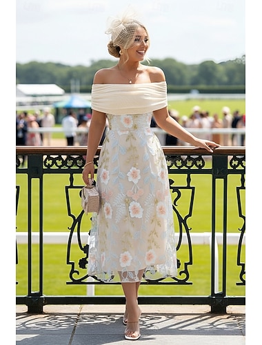  Ligne A Longueur cheville Robe de Derby Élégant ancien Sans manches Épaules Dénudées Kentucky Derby avec Fleur brodée Broderie