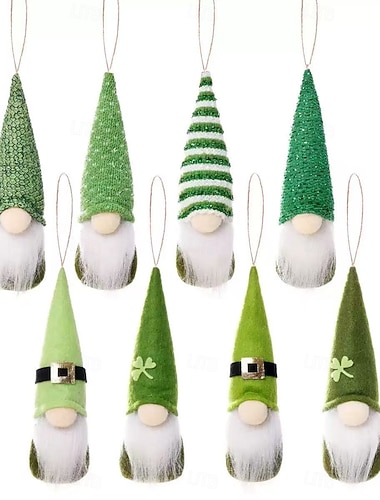  4/8 Stück St. Patrick's Day Wichtel-Hängedekorationen – festliche irische Frühlingsdekoration für drinnen mit grünen Blättern aus Filz und Polyester, kein Stromanschluss erforderlich, perfekt für die