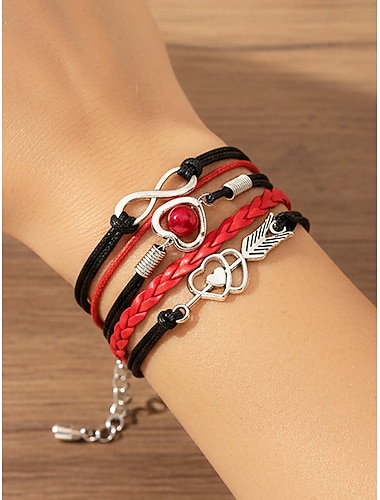  Pulseiras femininas boêmias em liga metálica e couro sintético, multicoloridas com pingentes de coração e símbolo do infinito – perfeitas para o Dia dos Namorados e para uso casual.