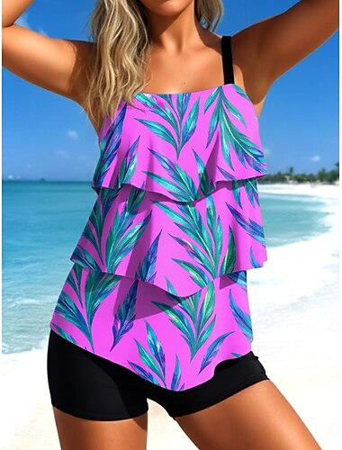  Dames Tankini 2 Delig Badpak Palm Hoge Taille Rimpel Laag Rugloos Vakantie Strandkleding Ombre Grafisch U-hals Mouwloze Badpakken
