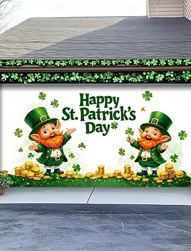  Gratulerer med garasjeportbanner for St. Patricks dag, to leprechauner med kløver &Gullmyntdesign, festlig utendørsdekorasjon for St. Patricks dag-feiring.
