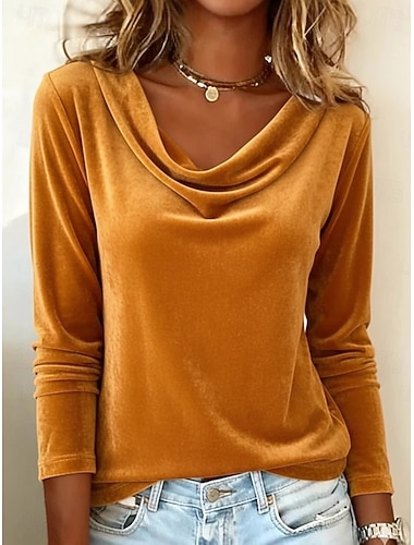  Per donna Velluto Stratificato Elegante Essenziale Casual Manica Lunga Scollo a Cascata Top Regolari Blu Nero Giallo Vino Verde Primavera Autunno Inverno